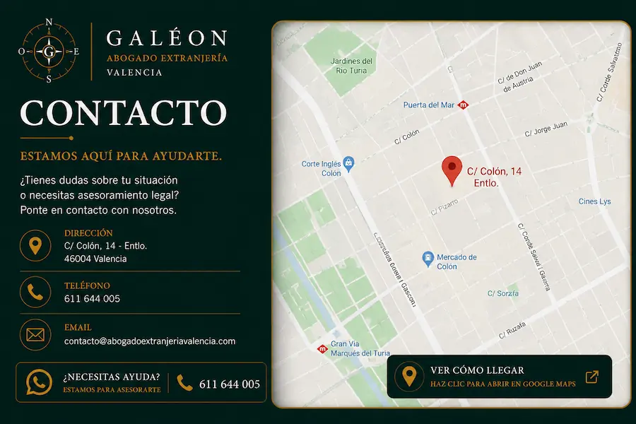 Mapa de contacto de Galeón Abogado Extranjería Valencia en calle Colón 14, Valencia